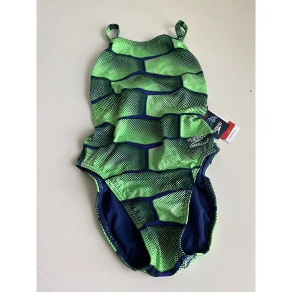 Speedo Endurance+ Flyback Racing Cut Swimsuit Size 26 Green/Blue Competition NEW - Picture 1 of 10